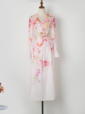 Elegant Pink Flower Print V-Neck Mid-Length Dress