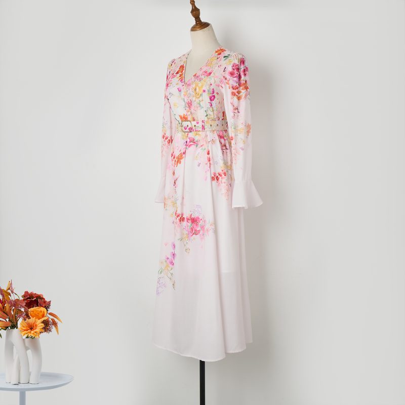 Elegant Pink Flower Print V-Neck Mid-Length Dress - Image 2