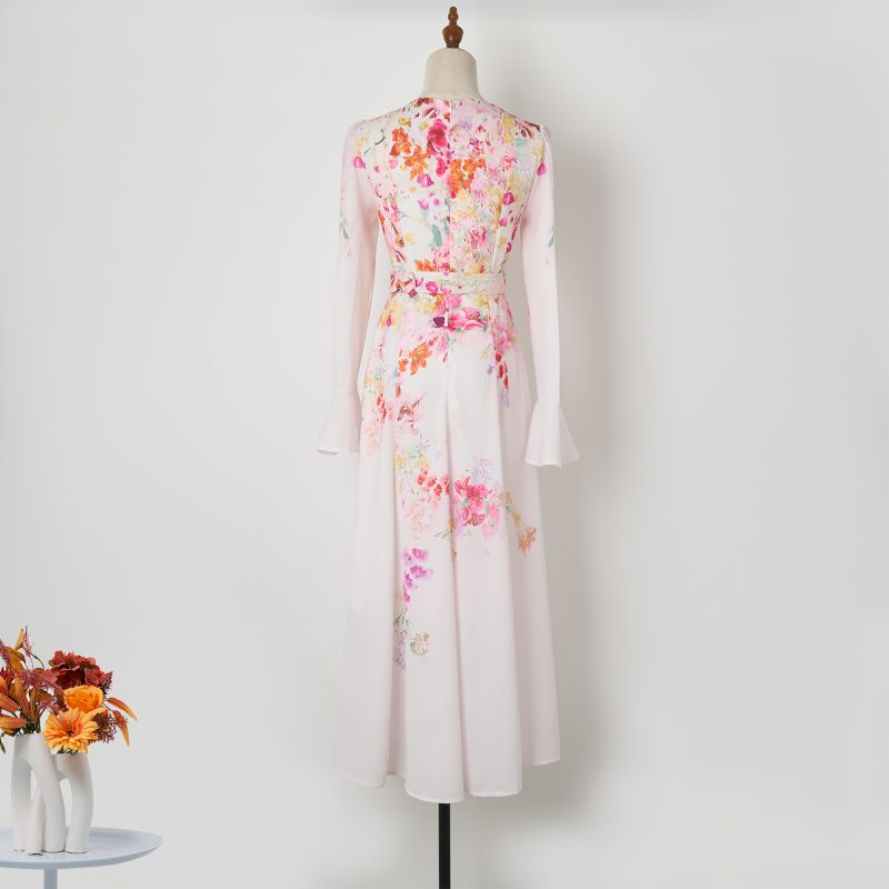 Elegant Pink Flower Print V-Neck Mid-Length Dress - Image 3