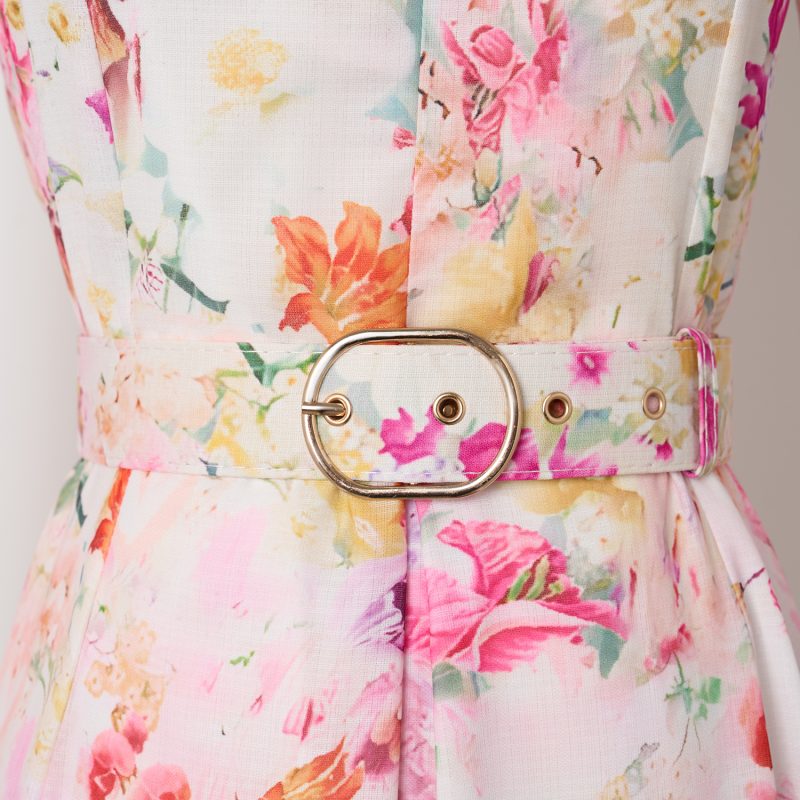 Elegant Pink Flower Print V-Neck Mid-Length Dress - Image 5