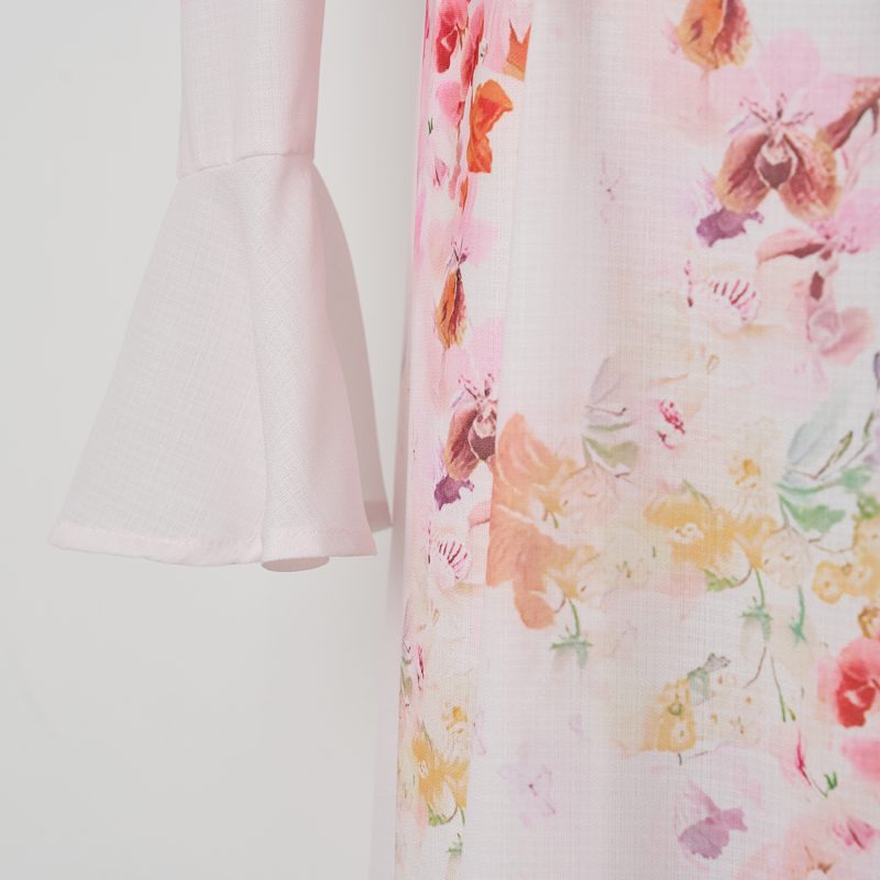 Elegant Pink Flower Print V-Neck Mid-Length Dress - Image 6
