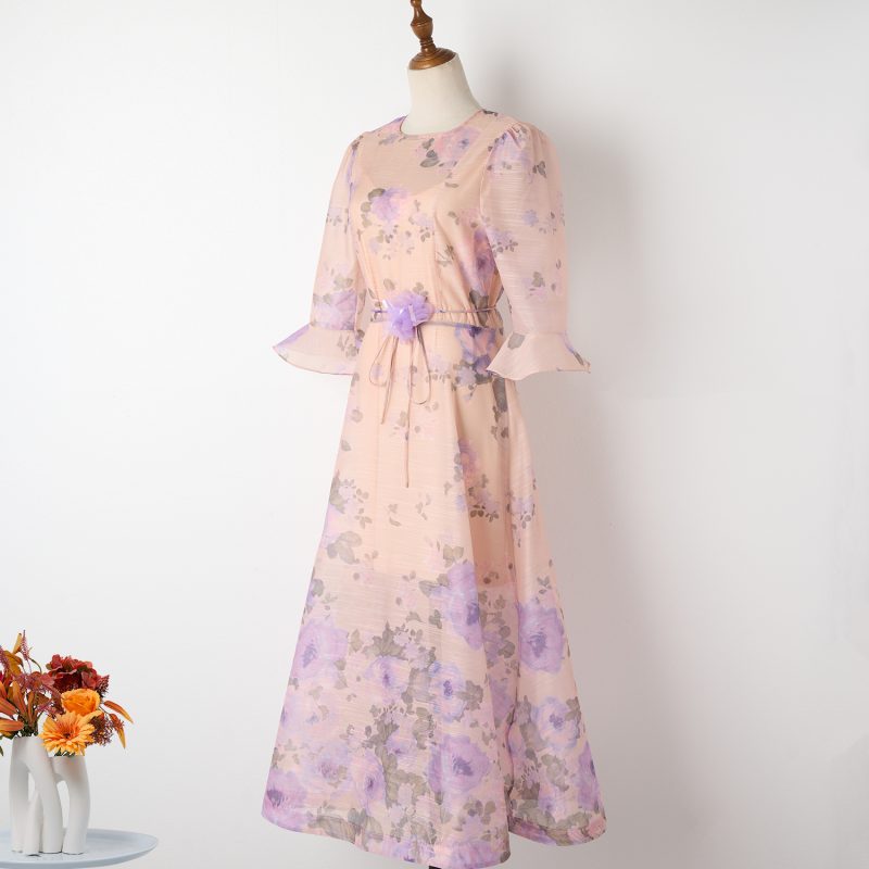 Children's Purple Flower Print Organza Two-Piece Lace-Up Dress Set for Holidays - Image 2