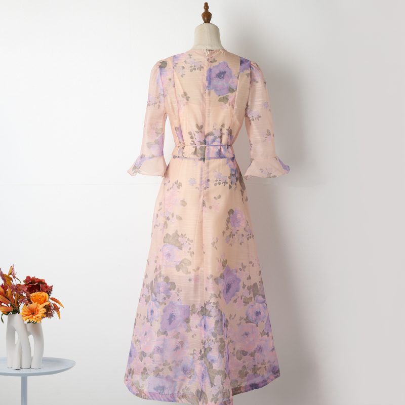 Children's Purple Flower Print Organza Two-Piece Lace-Up Dress Set for Holidays - Image 3