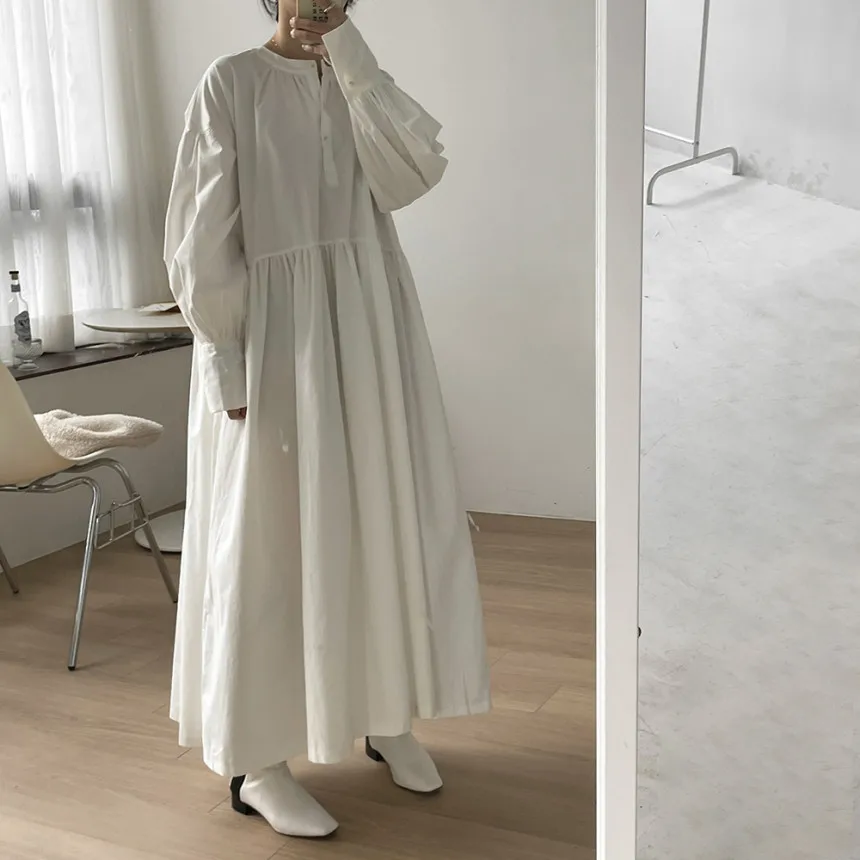 Vintage Eco Long Dress: Puff Sleeve