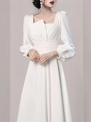 White Eco-Friendly Evening Dress: Elegant, Long Sleeve, A-line Mid