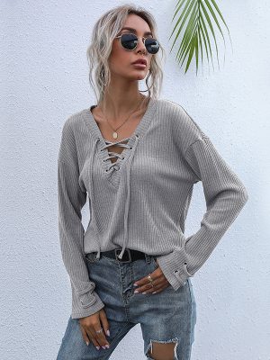 Gray V-Neck Long Sleeve Sweater – Women’s Autumn Clothing