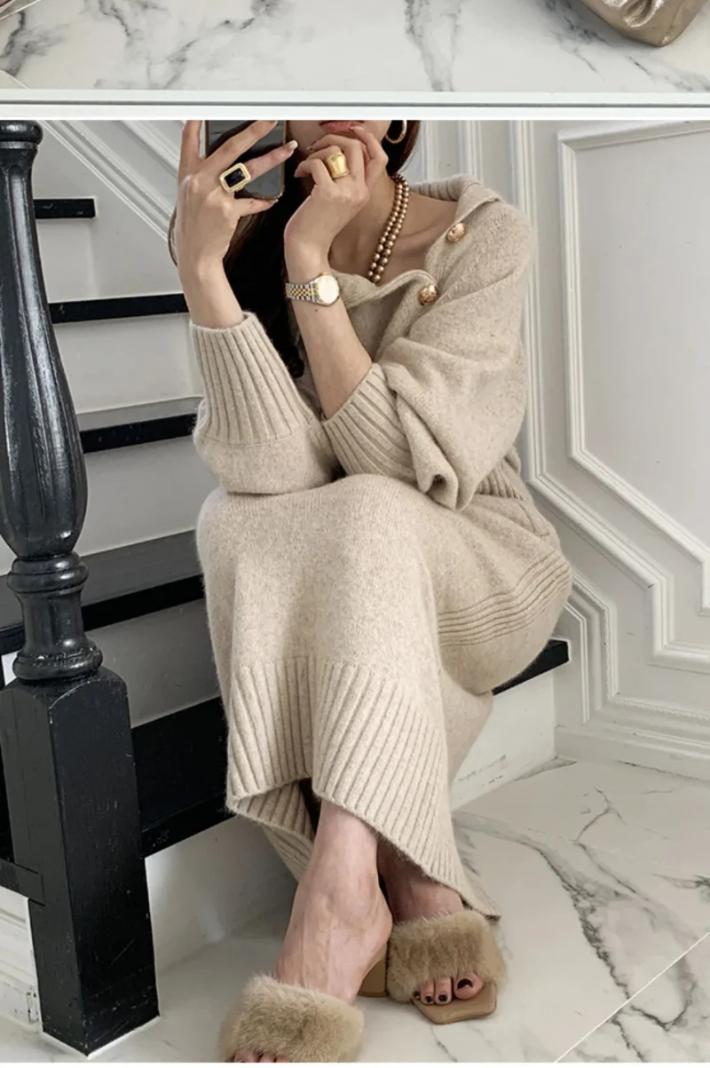 Warm Knit Eco-Dress, Buttons, Thicken - Image 7