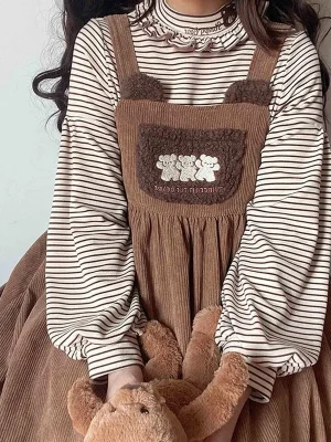 HOUZHOU Soft Bear Embroidery Corduroy Lolita Dress