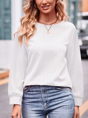 Stylish Simplicity: Solid Color Jacquard Long Sleeve Tee