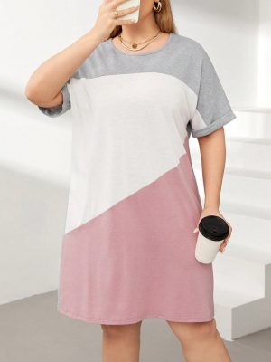 Plus Size Round Neck Contrast Color Casual Dress