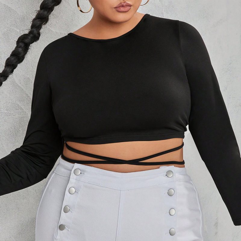 Plus Size Sexy Lace-Up Backless Short-Sleeved T-shirt Autumn Winter Coat - Image 3
