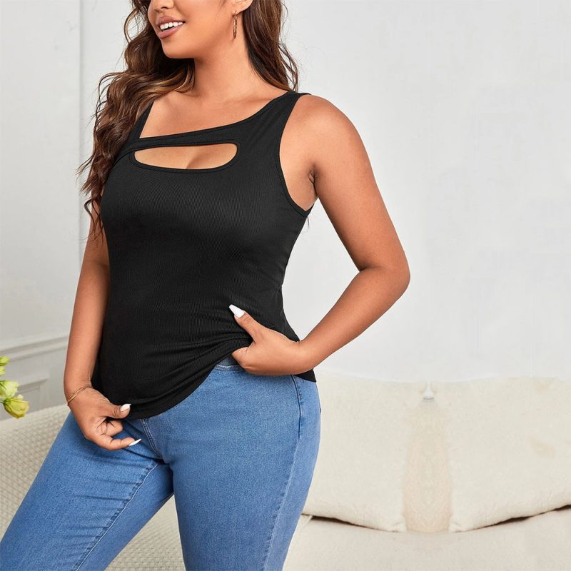 Plus Size Asymmetric Shoulder Strap Hollow Cutout Solid Color Vest Top - Image 4