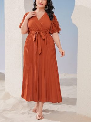 Plus Size Pleated Lace-up Short Sleeve Dress for Women