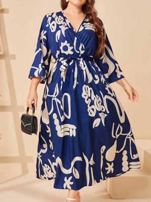 Red Printed Plus Size Elastic Waist Dress for Women