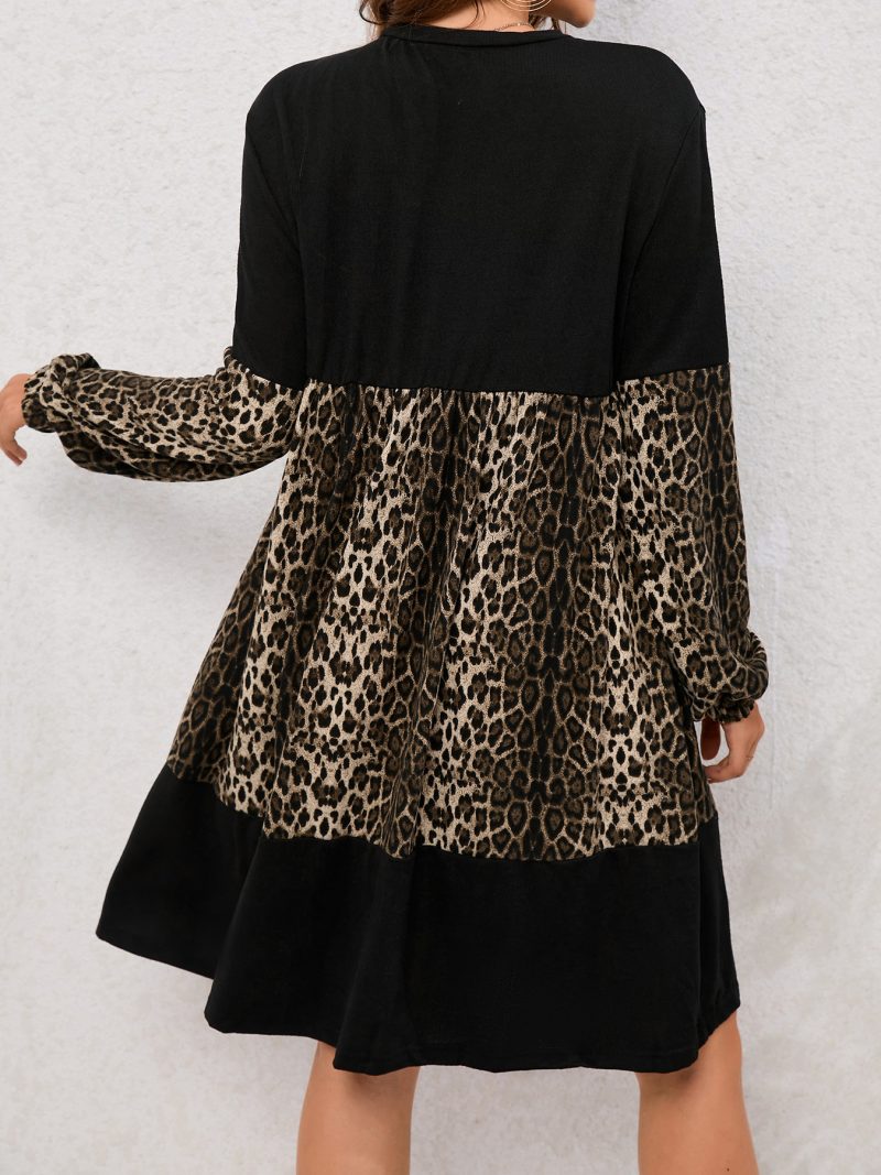 Leopard Splicing Long Sleeve Women's Dress - Image 2