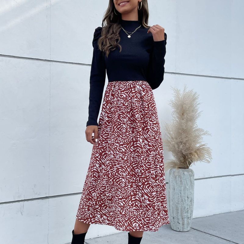 Patchwork Puff Sleeve Long Sleeve Dress for Women - Image 3