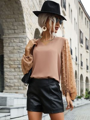 Autumn V-Neck Fur Ball Chiffon Pullover: Women’s Long Sleeve Shirt