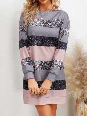 Printed Round Neck Long Sleeve Women’s Sweater Dress