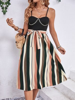 Summer Sleeveless Lace-Up Striped Splicing Sling Dress for Women