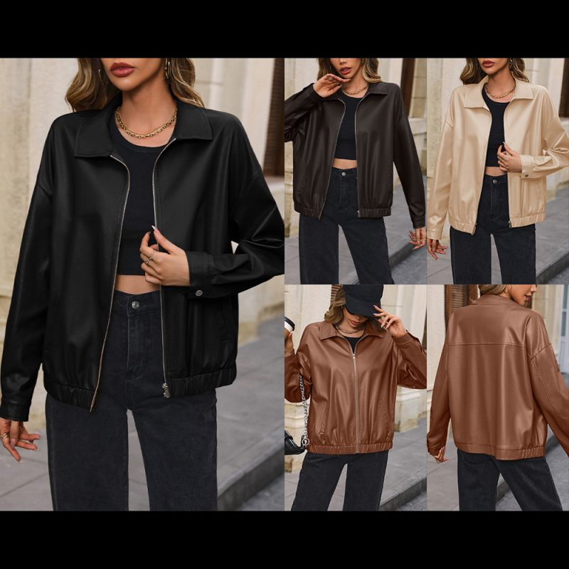 Casual Faux Leather Motorcycle Jacket with Polo Collar and Zipper - Image 5