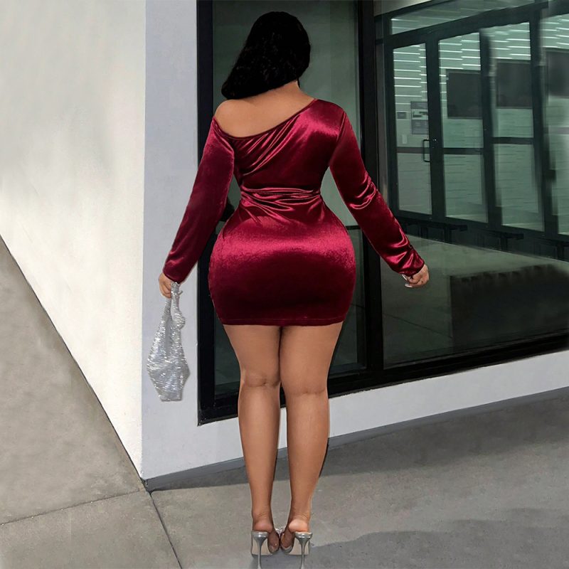 Plus Size Autumn Winter Off Shoulder Velvet Dress - Image 2