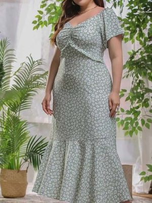 Floral Print Elastic Waist Plus Size Dress for Women