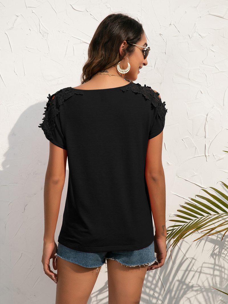 Casual Lace V-Neck Patchwork Pullover Short-Sleeved T-Shirt - Image 5