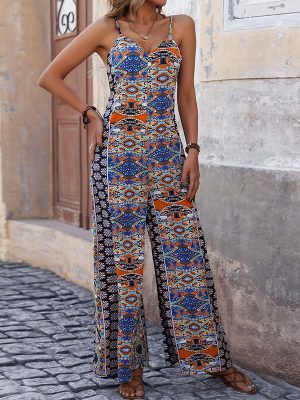 Summer Ethnic Print Backless Wide-Leg Women’s Strap Jumpsuit