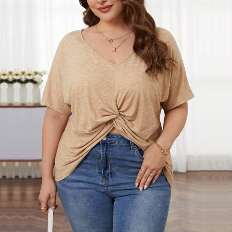 Plus Size Loose Casual V Neck Short Sleeve Knitted T-Shirt - Image 3