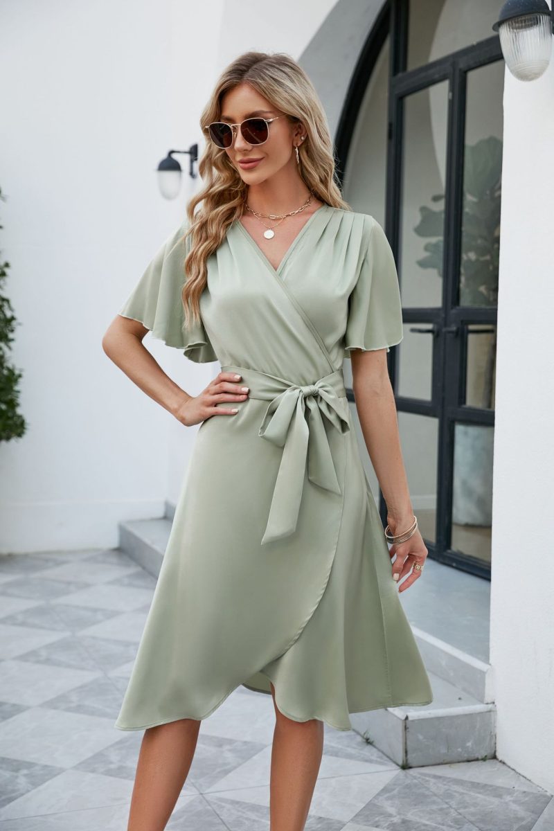 Satin V-neck Flare Sleeve Sexy Summer Dress - Image 4