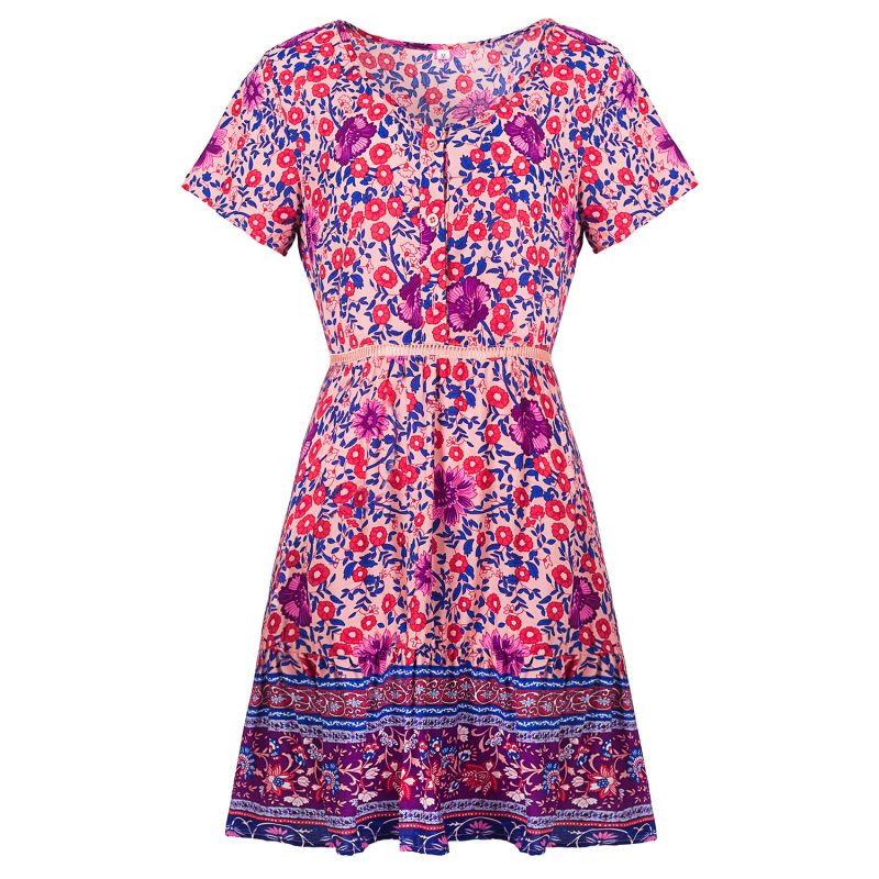 Spring Bohemian Floral Print Swing Dress with V-Neck Short Sleeves - Image 7