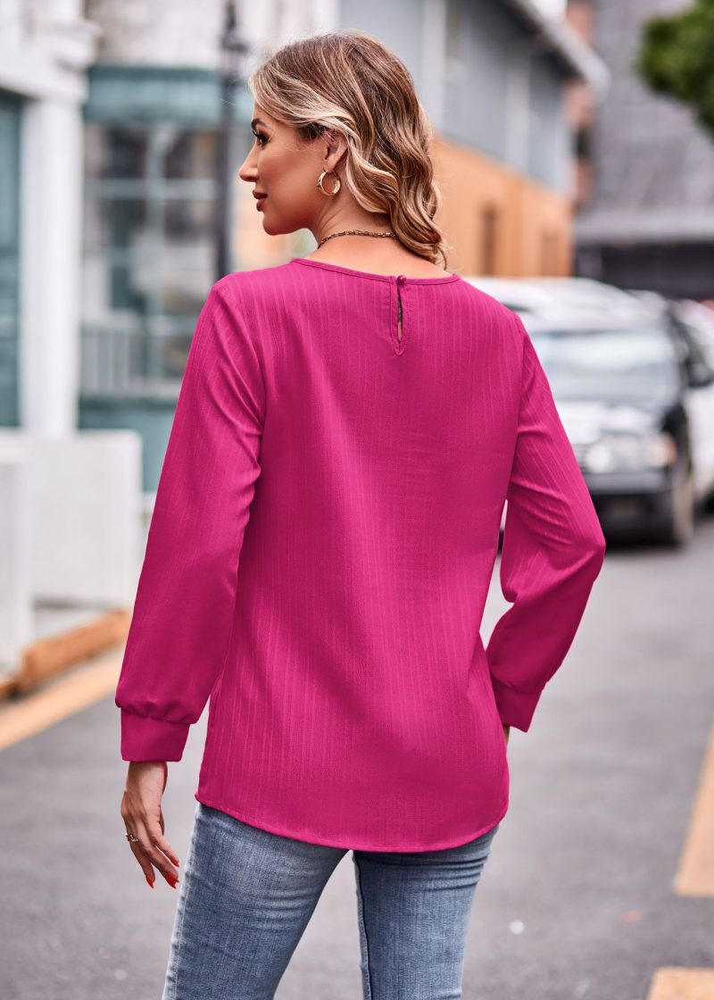 Stylish Simplicity: Solid Color Jacquard Long Sleeve Tee - Image 3