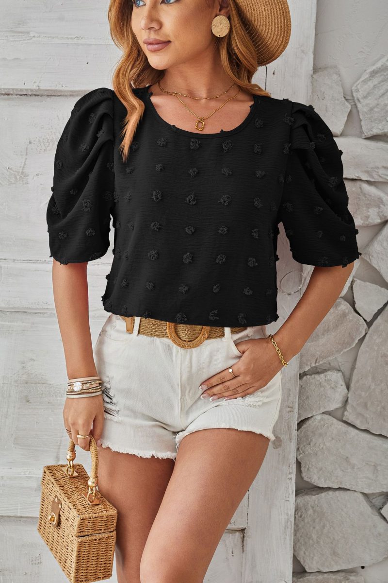 Spring Summer Jacquard Smocked Square Collar Top - Image 3