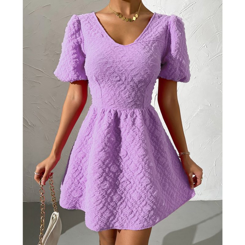Solid Color V-neck Puff Sleeve Dress - Image 4