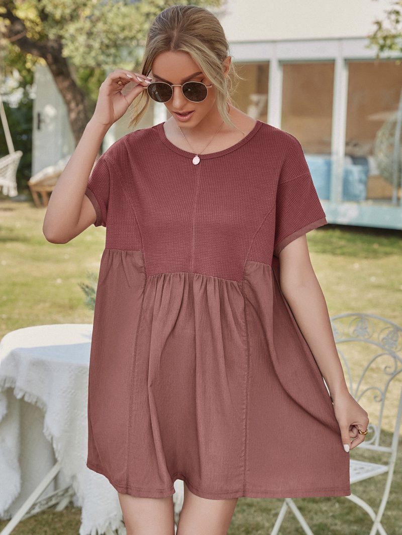Summer Solid Color Waffle Stitching Short Sleeve A-Line Loose Dress - Image 4