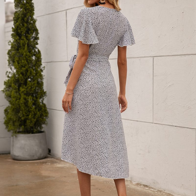 Polka Dot Printed Cardigan Lace-Up Ruffle Sleeve V-Neck Asymmetric Sheath Dress - Image 4