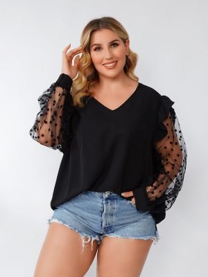 Plus Size V-neck Mesh Polka Dot Top