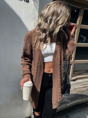 Long Sleeve Solid Color Cable Knit Sweater Cardigan