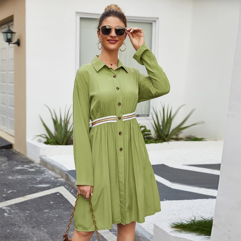 Spring Solid Color Shirt Collar Long Sleeve Casual Dress for Women - Image 2