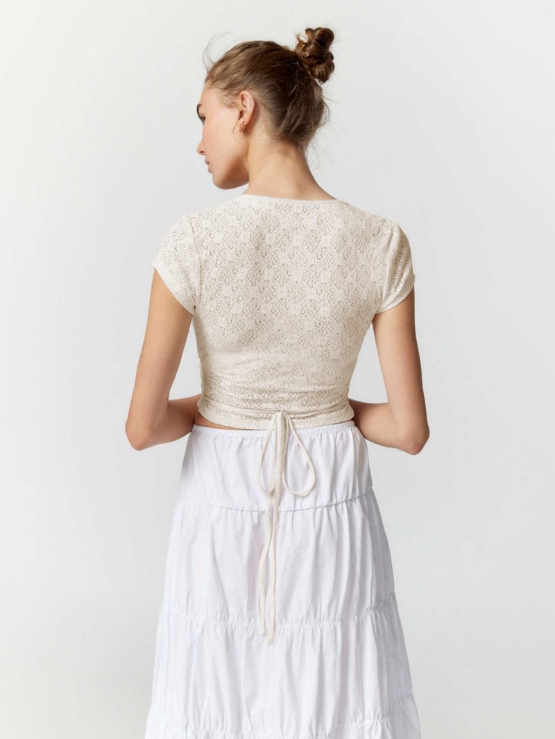 Slim Fit Lace Short Sleeve V-Neck Women's T-Shirt - Image 7