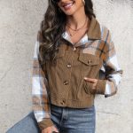 Spring Corduroy Plaid Lapels Stitching Cardigan Coat for Women - Image 2
