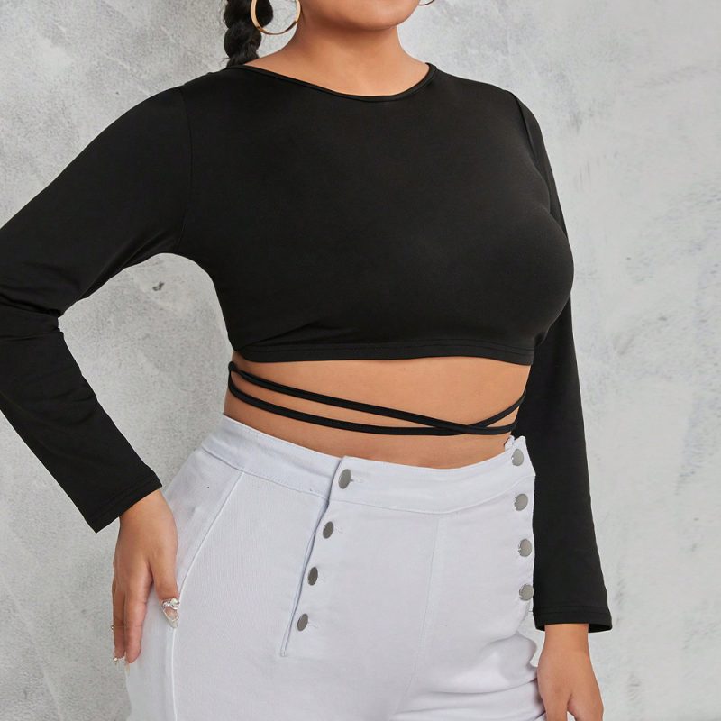 Plus Size Sexy Lace-Up Backless Short-Sleeved T-shirt Autumn Winter Coat - Image 2