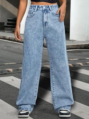 Women’s Basic Straight Leg Denim Trousers: Beltless Design