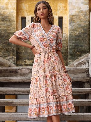 Retro Pink Wooden Ear Printed Midi Dress for Summer Women