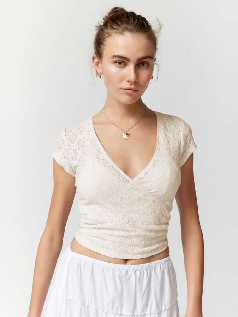 Slim Fit Lace Short Sleeve V-Neck Women's T-Shirt - Image 4