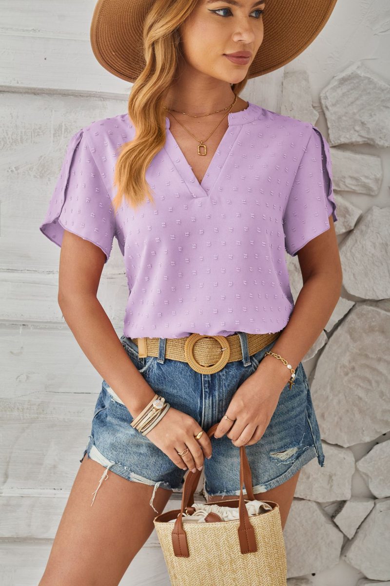 V-Neck Chiffon Fur Ball Top: Petal Sleeve Elegance for Spring/Summer - Image 2
