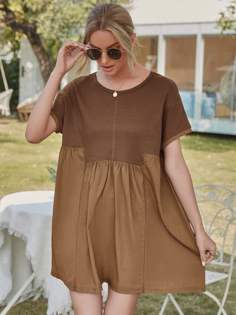Summer Solid Color Waffle Stitching Short Sleeve A-Line Loose Dress - Image 3