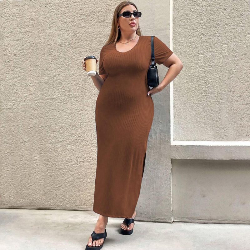 Plus Size Waist-Controlled Split Short Sleeve Sheath Dress - Image 3