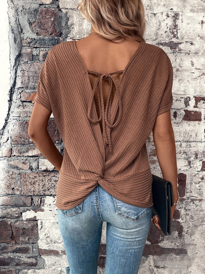 Loose Slimming Knitted Bottoming Shirt Round Neck Tied Backless Top - Image 3