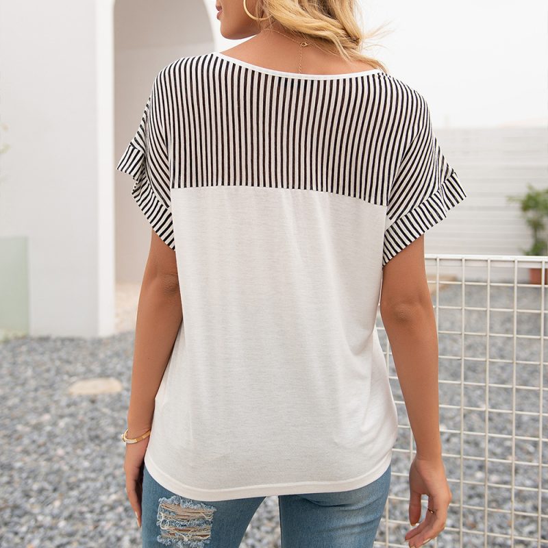 Striped Stitching V-Neck Short Sleeve Loose T-Shirt Top for Women - Image 3